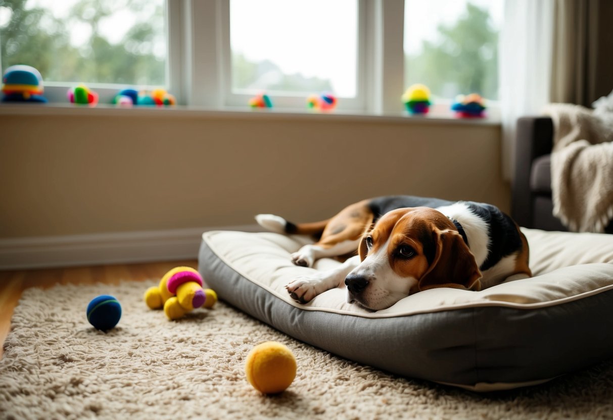 A beagle lounges on a cozy living room rug, surrounded by toys and a comfortable bed. The window is open, allowing a gentle breeze to flow in