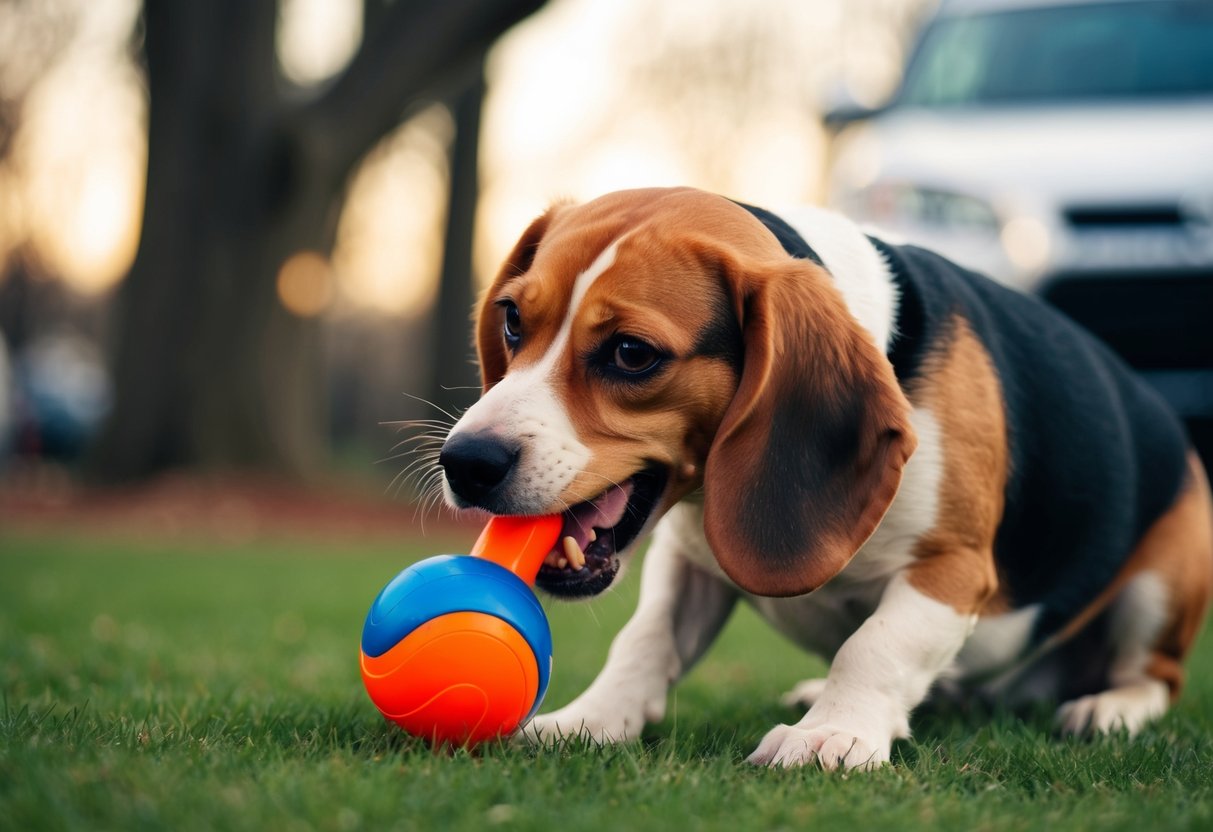 A beagle nipping at a toy, with its teeth bared and ears perked up