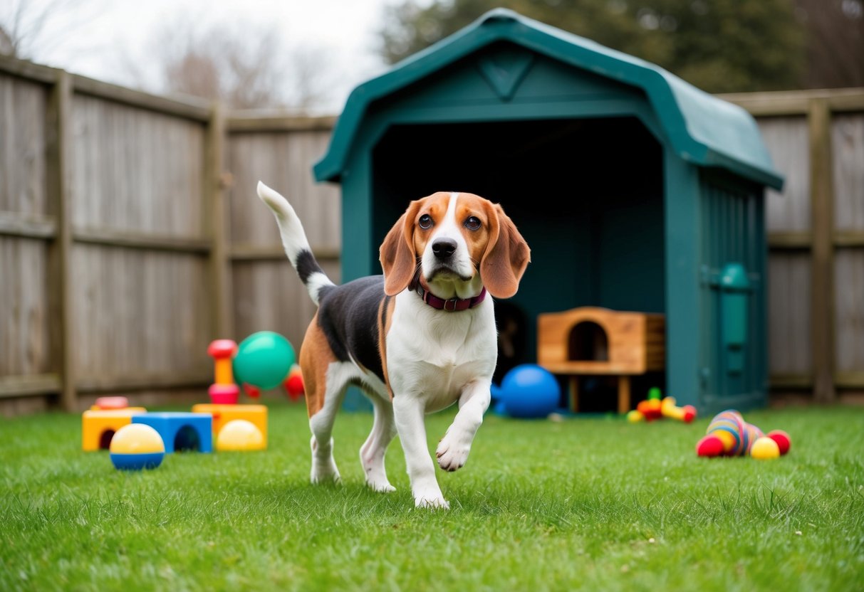 A beagle frolics freely in a secure, fenced yard, surrounded by toys and a cozy shelter