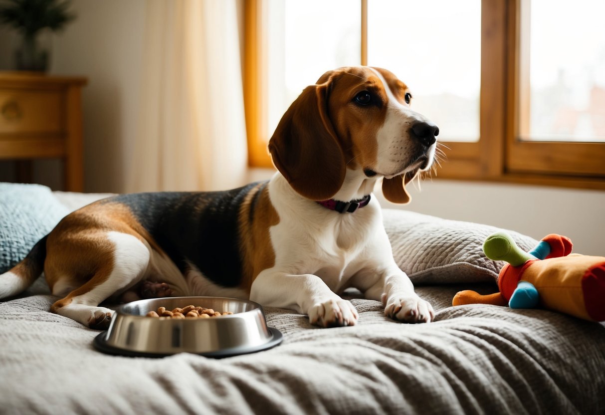 A beagle lounges on a cozy indoor bed, surrounded by toys and a food bowl. The sun streams in through a nearby window, creating a warm and inviting atmosphere