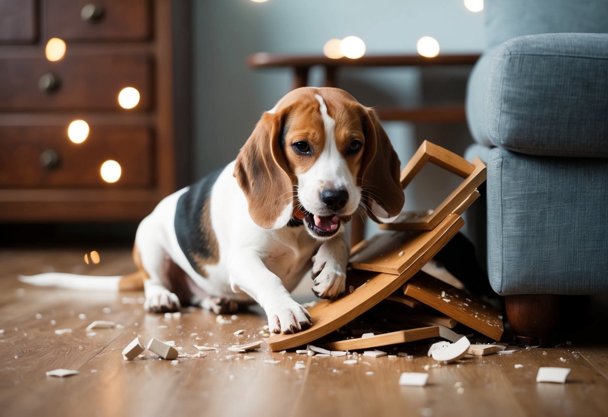Beagle chewing on torn up furniture with scattered pieces around