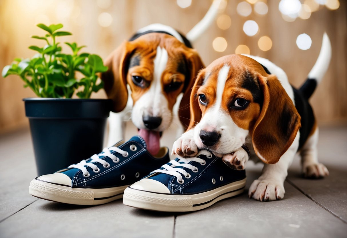 A beagle puppy chews on a pair of shoes, while another beagle digs up a potted plant in the background