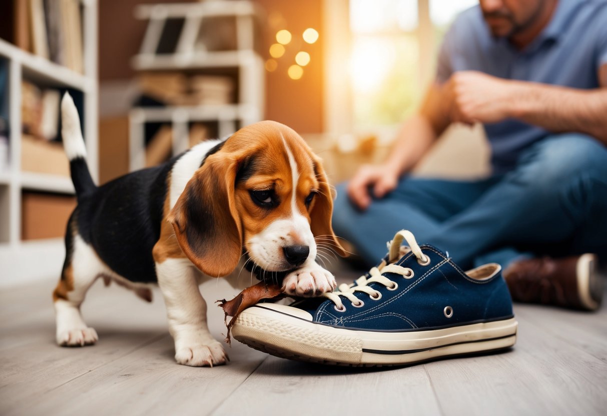 A beagle puppy chewing on a torn up shoe while the owner looks on frustrated