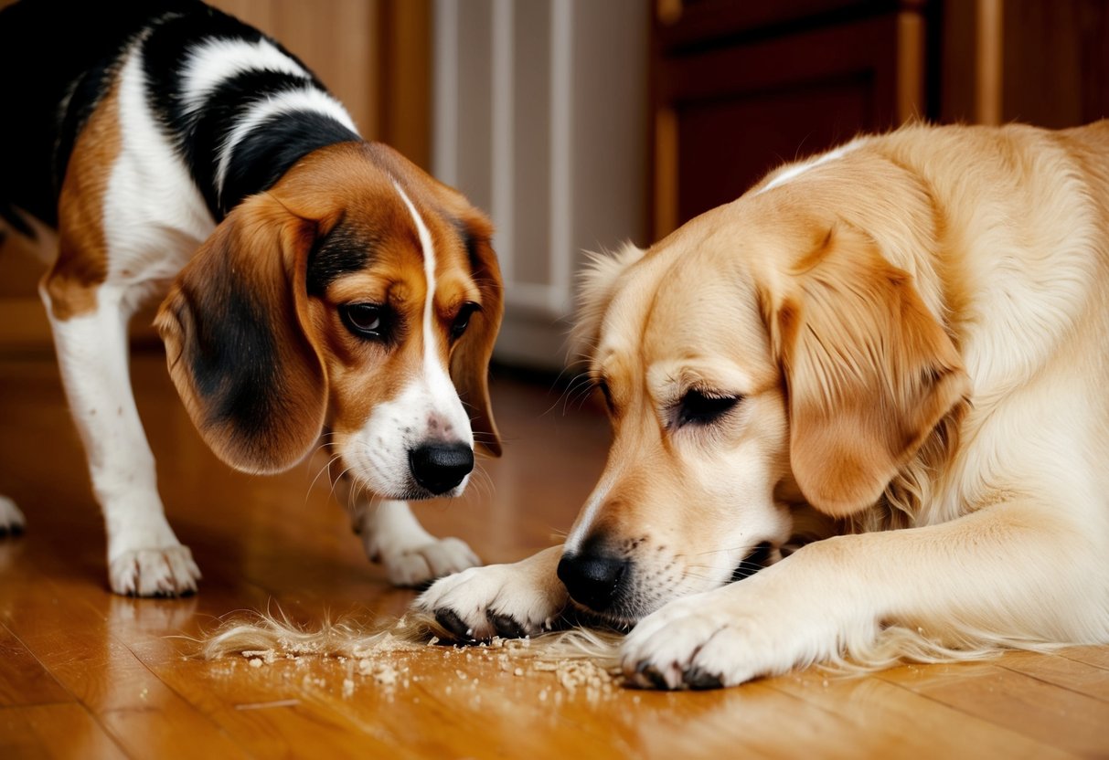 A beagle and a golden retriever shedding hair on a hardwood floor
