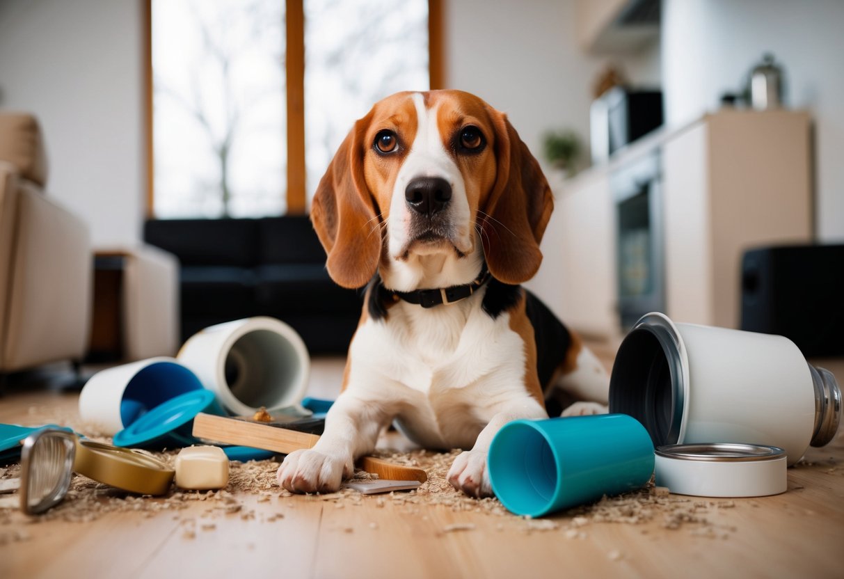 A beagle surrounded by destroyed household items, with a guilty expression