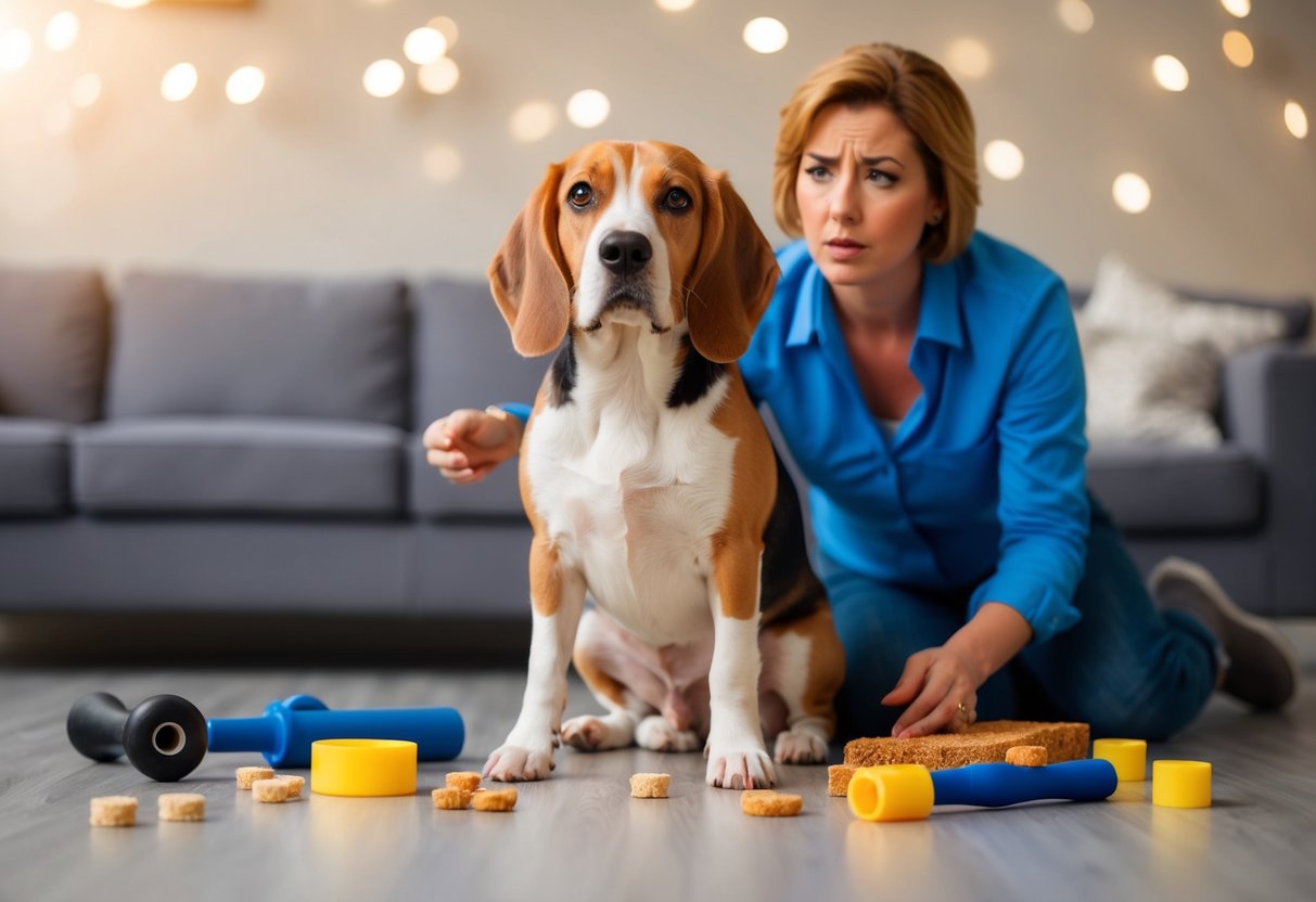 A beagle sits stubbornly, surrounded by scattered training tools and treats. Frustrated owner looks on, trying to convey patience and determination