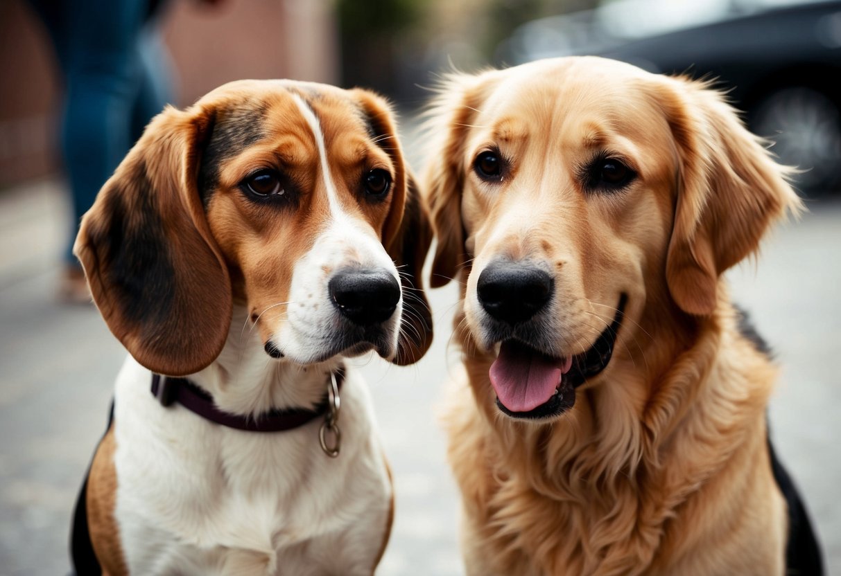Two dogs side by side, one beagle and one golden retriever. The beagle is shedding more fur than the golden retriever