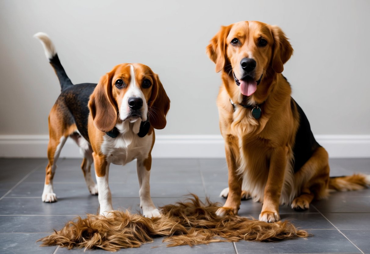 A beagle and a golden retriever stand side by side, shedding fur onto the floor. The beagle's coat is noticeably thicker, with more loose hairs scattered around them