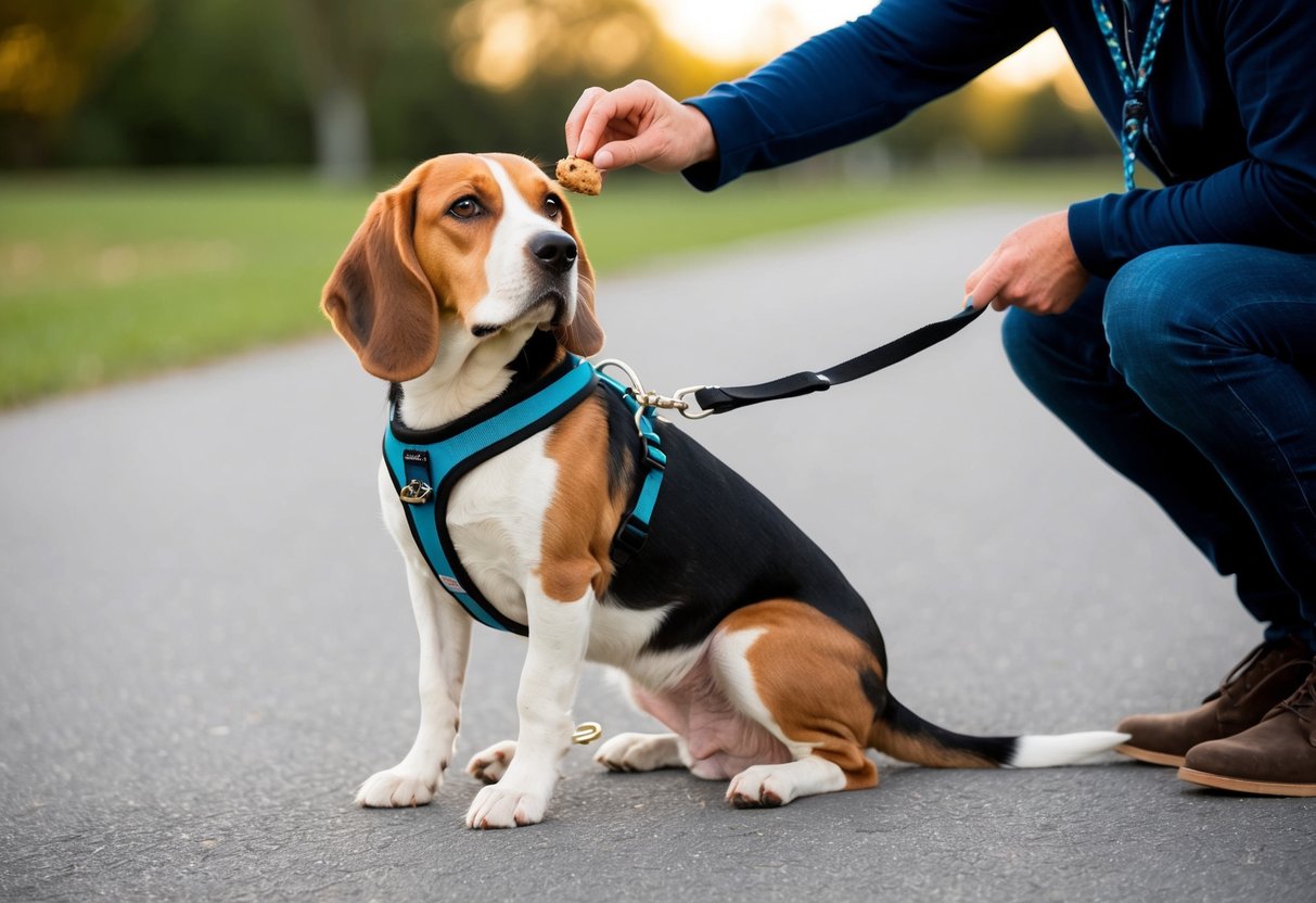 A beagle wearing a harness and leash sits calmly next to its owner, who holds a treat in their hand. The owner uses the treat to guide the beagle into a sitting position, rewarding the calm behavior