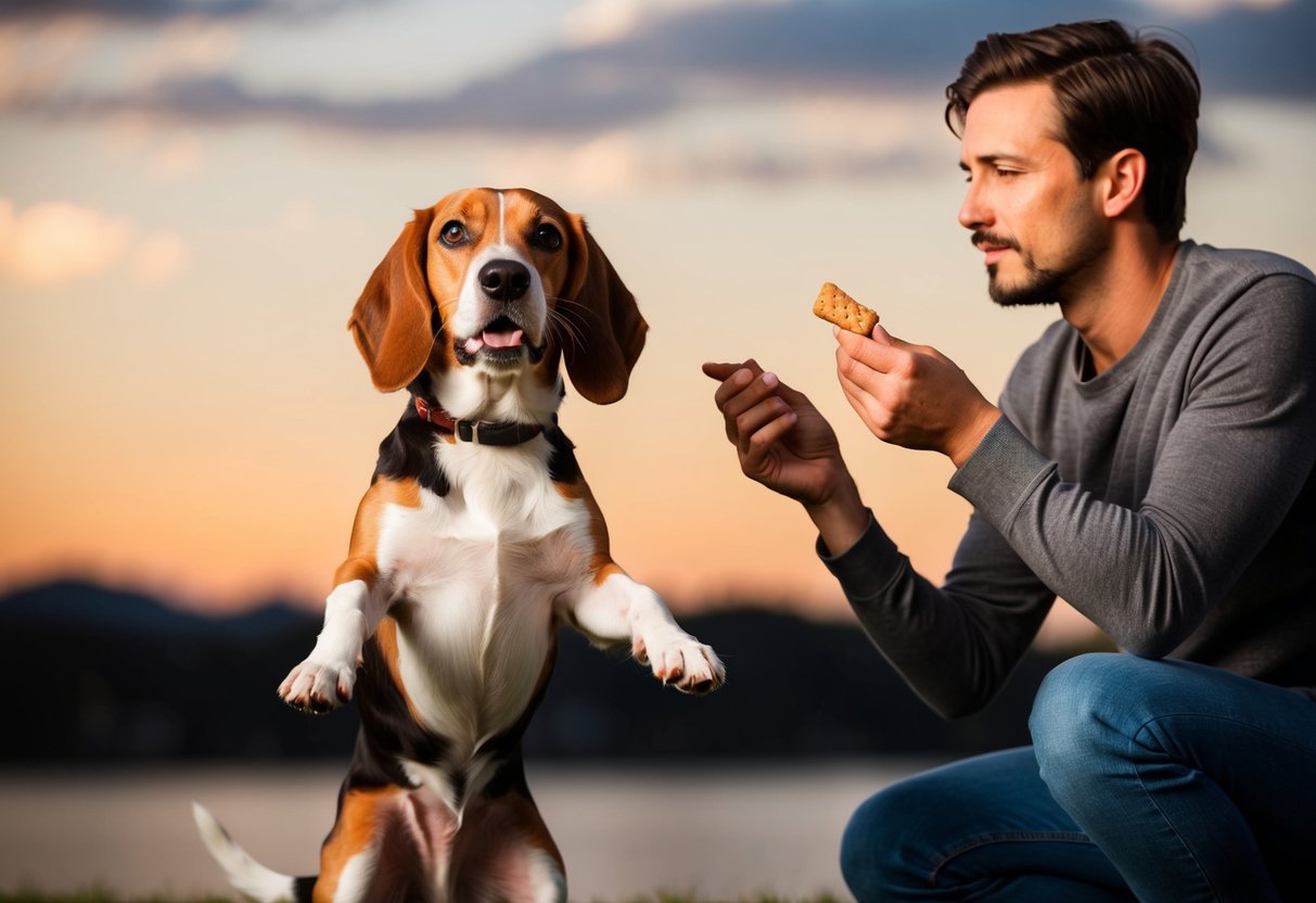 A beagle jumping up, owner holding a treat at eye level, calmly commanding the dog to sit