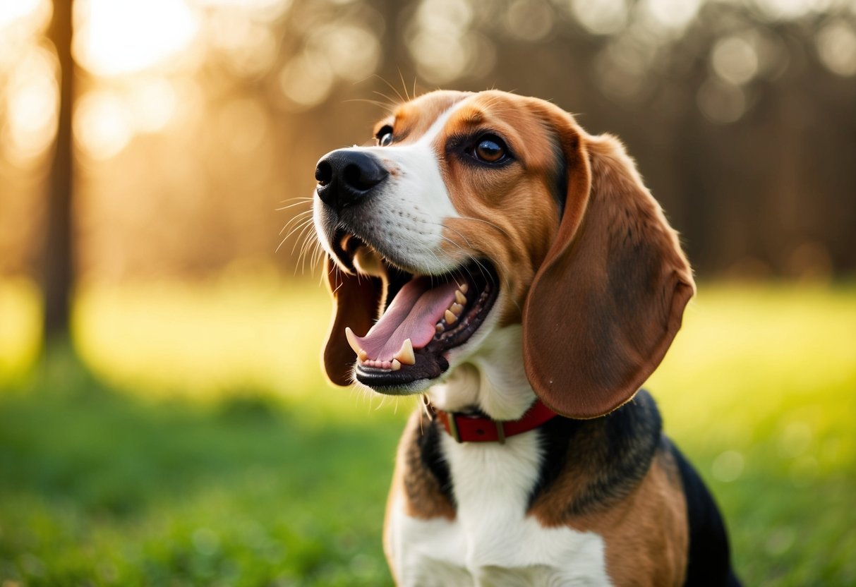 A beagle barks loudly, ears raised and teeth bared in a display of aggression