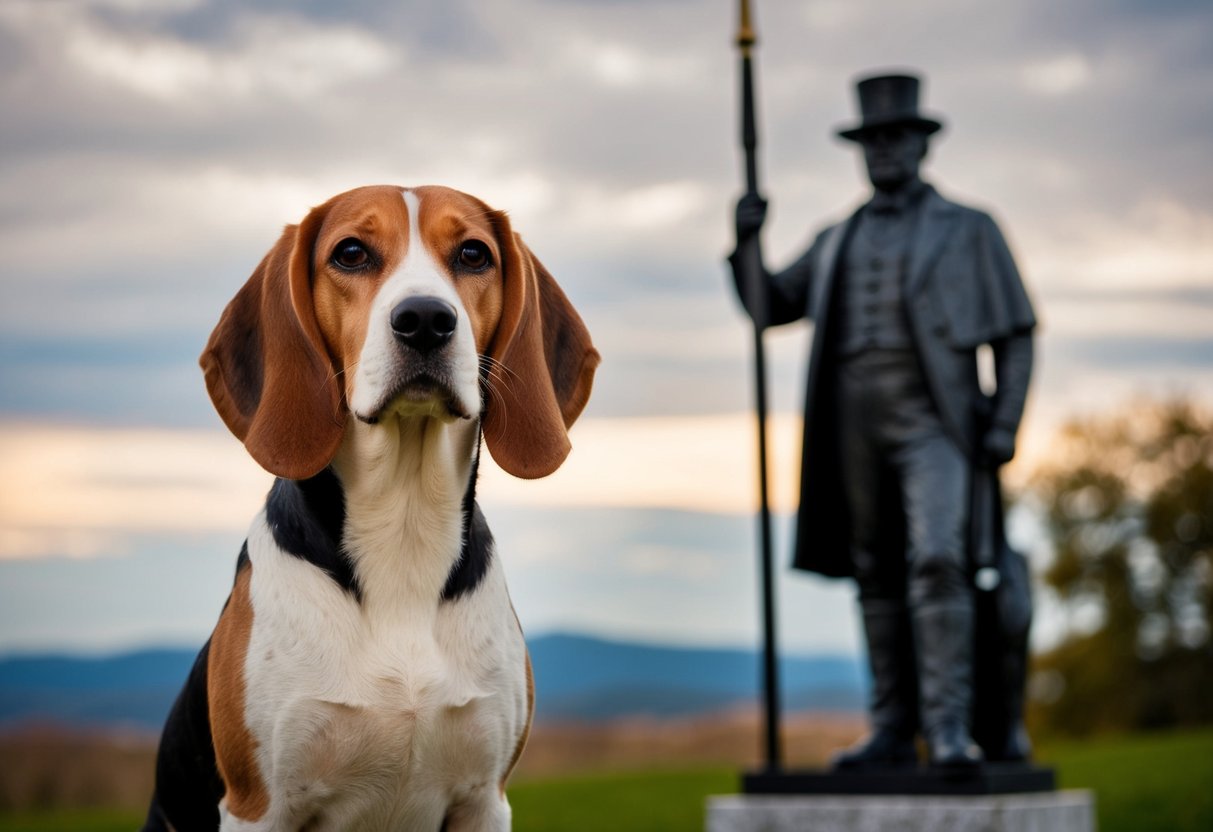 A beagle stands proudly next to a historic figure, symbolizing its role throughout history. The beagle's calm demeanor contradicts any notion of a temper