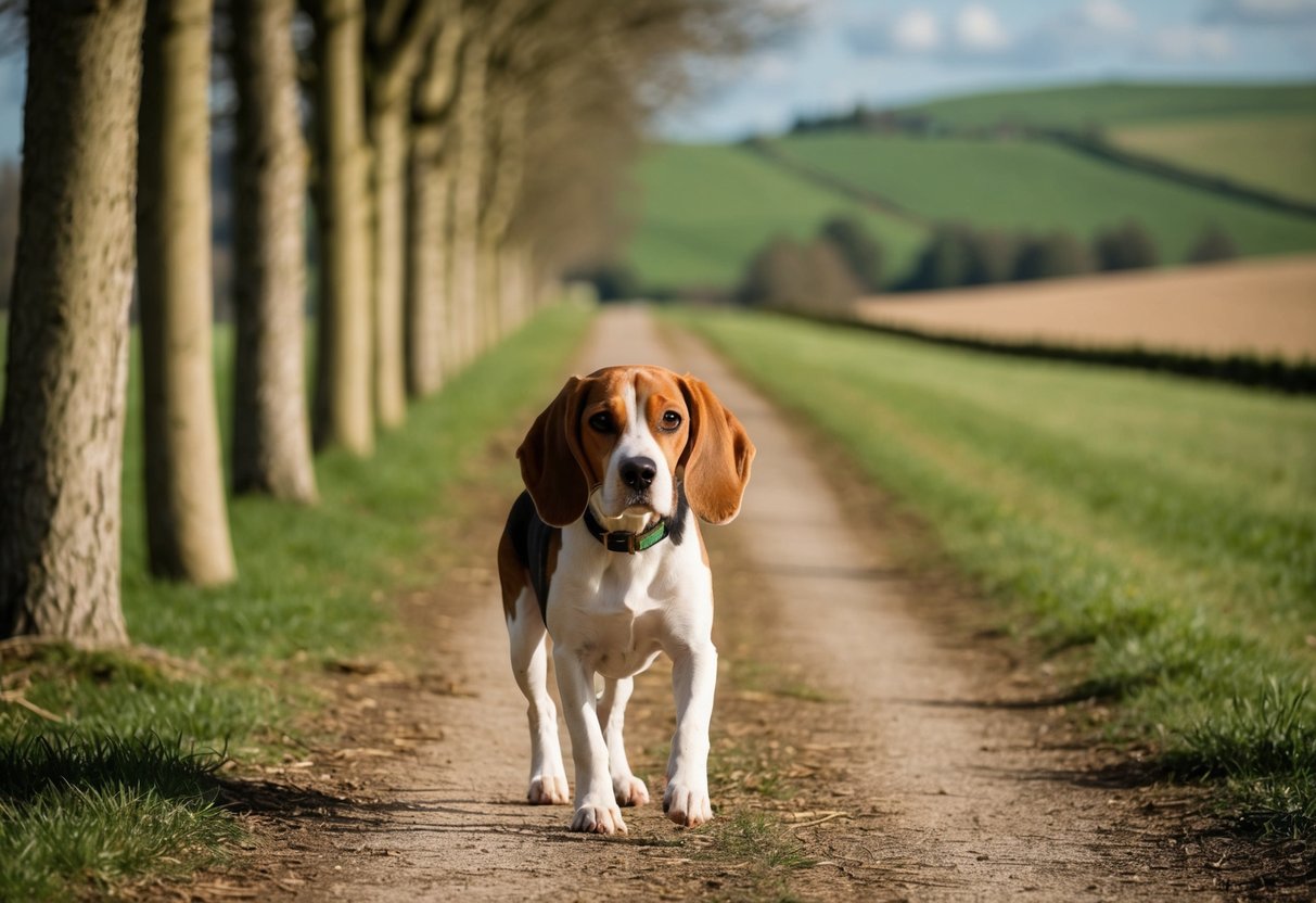A beagle walks along a tree-lined path, ears perked and nose to the ground, with a rolling countryside in the background