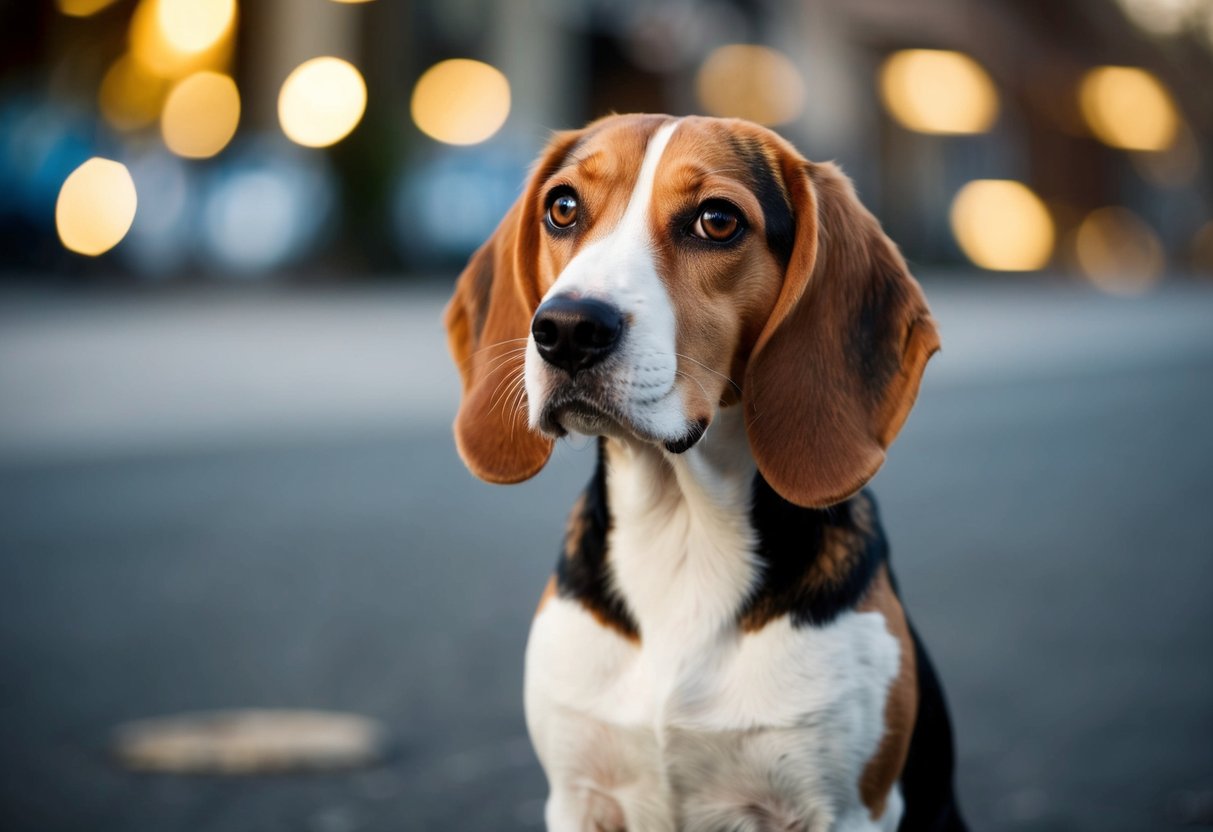 A beagle sits and stares, head tilted, with curious eyes fixed on the viewer
