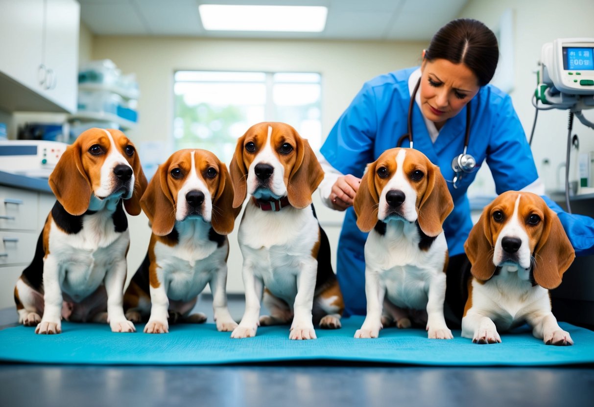 A group of beagles in a veterinary clinic, surrounded by medical equipment and a concerned veterinarian
