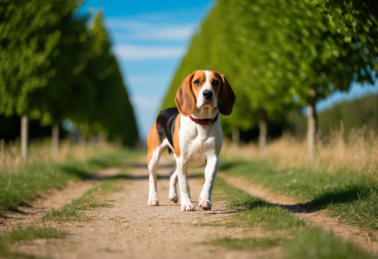 A beagle walking on a path surrounded by green trees and grass, with a clear blue sky above