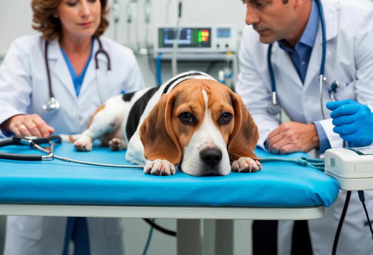 A beagle lying on a veterinarian's table, surrounded by medical equipment and a concerned owner. The vet is discussing the leading cause of death in beagles