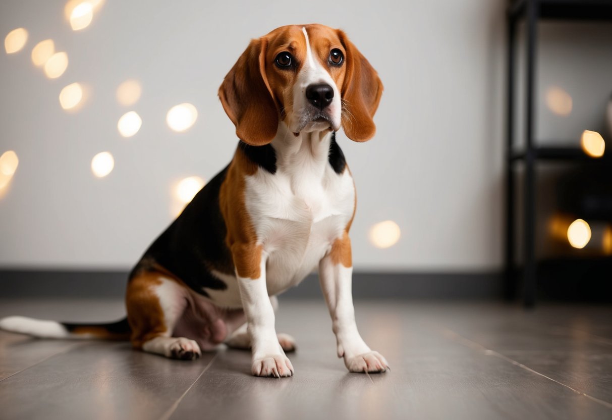 A beagle sitting on the floor, gazing up at the viewer with a curious and attentive expression