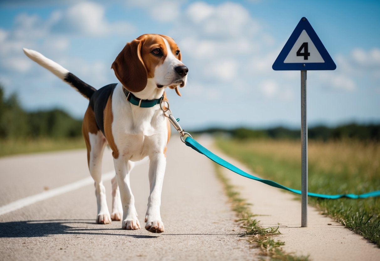 A beagle walking on a leash beside a distance marker, with a clear path ahead and a sunny sky above