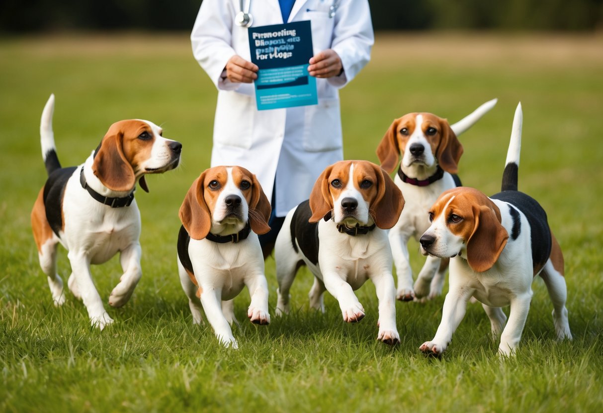 A group of beagles playing in a grassy field, with a veterinarian holding a pamphlet on preventing illness and prolonging life for dogs