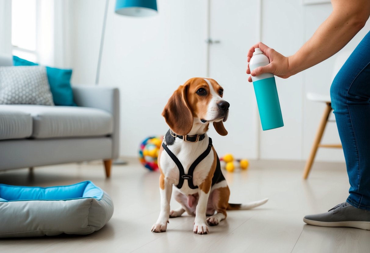 A beagle wearing a belly band in a clean, spacious room with a dog bed and toys, while a person sprays a pheromone-based deterrent on previously marked areas