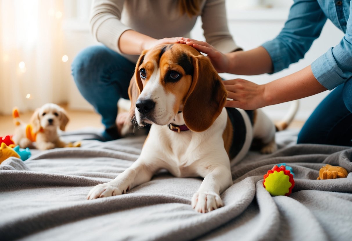 A beagle lying on a soft blanket, receiving gentle strokes from a person, surrounded by toys and treats