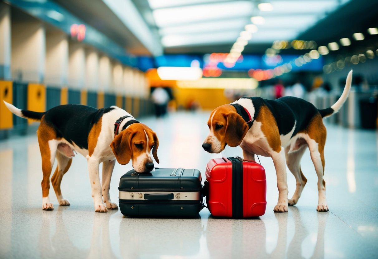 Beagles sniffing luggage and cargo in airport terminal