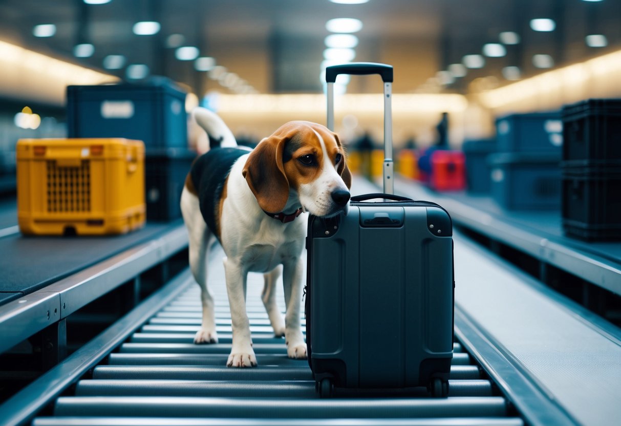 A beagle sniffs luggage in an airport, surrounded by crates and conveyor belts