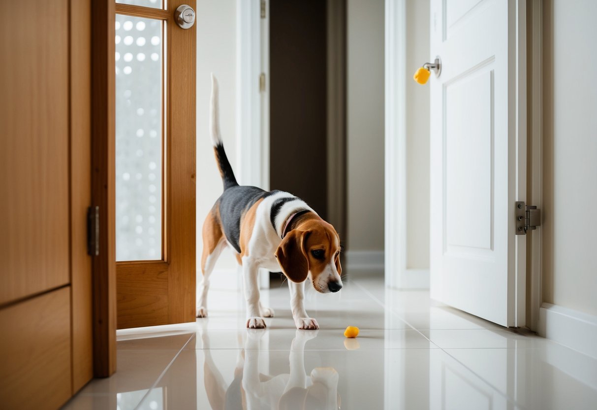 A beagle sniffs around a clean, organized home with strategically placed deterrents like citrus scents and closed doors