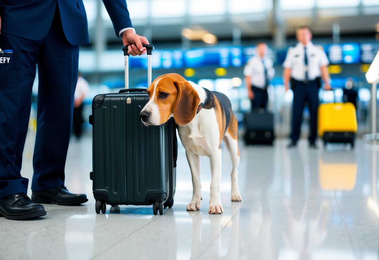 A beagle sniffs luggage and cargo in a busy airport, while security personnel watch closely