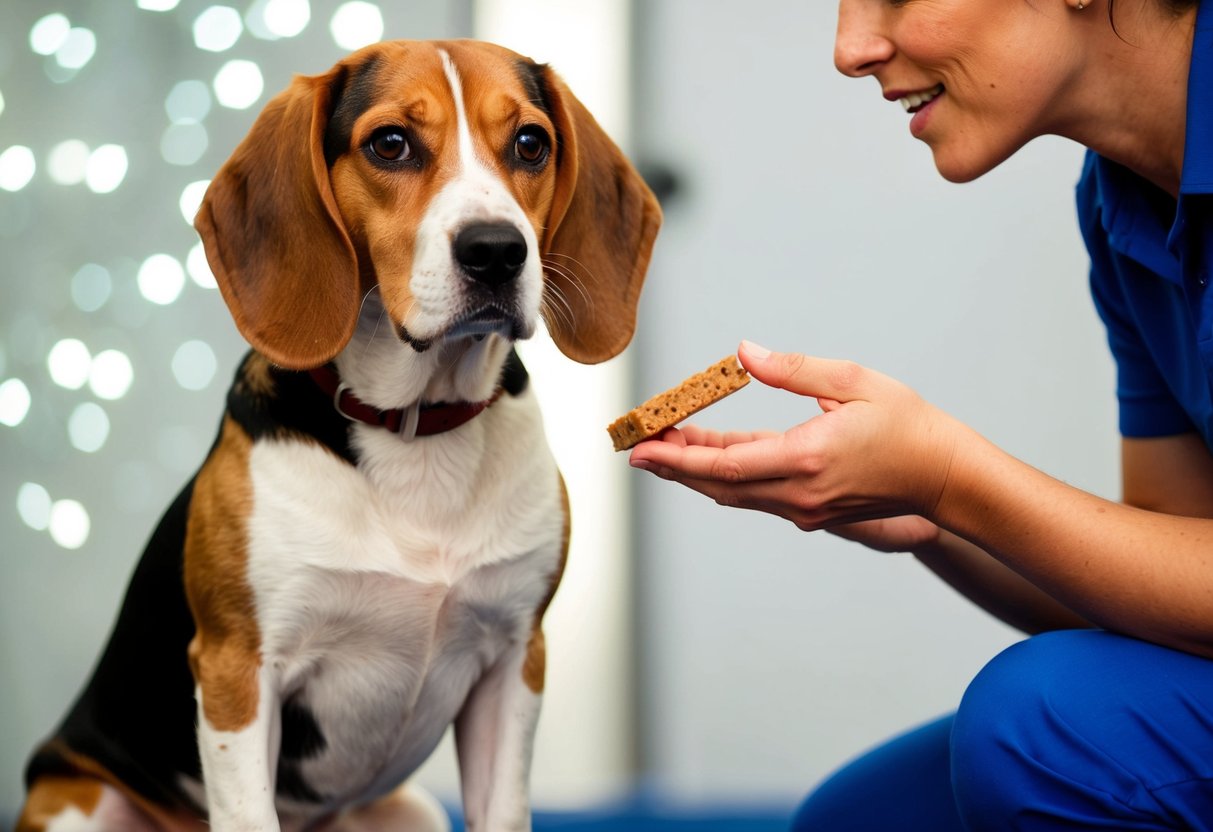A beagle sitting attentively, ears perked, eyes focused on a trainer holding a treat. The trainer gestures and speaks calmly