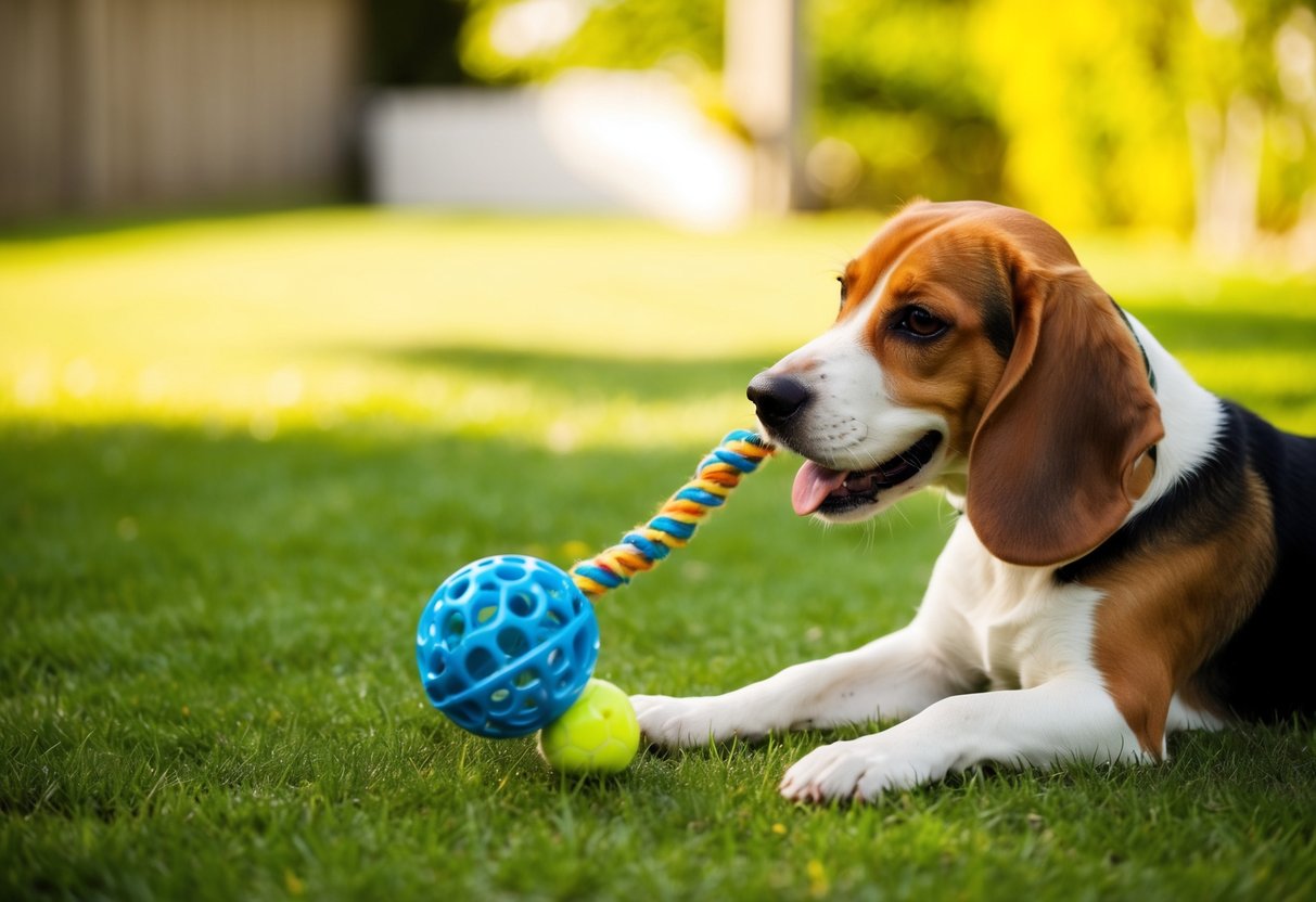 A beagle wagging its tail while playing with a favorite toy in a sunlit backyard
