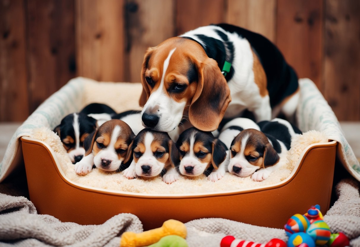 A beagle mother giving birth to a litter of puppies in a cozy, warm whelping box, surrounded by soft blankets and toys