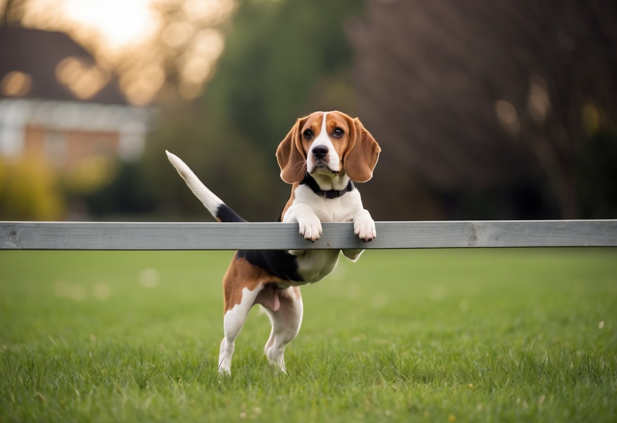 A beagle stands on hind legs, reaching just below a 4-foot fence, with ears perked up and tail wagging