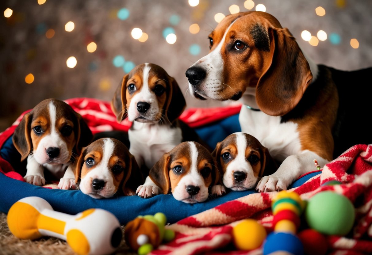 A beagle mother watches over her litter of 4 lively puppies, nestled in a cozy bed of blankets and surrounded by toys