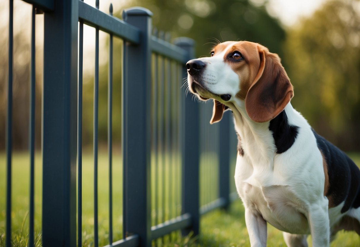 A beagle stands next to a fence, looking up with a curious expression. The fence is tall enough to prevent the beagle from jumping over