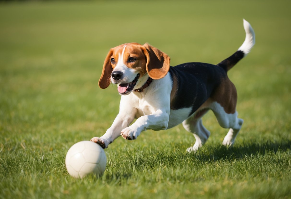 A beagle running through a grassy field, chasing after a ball with a wagging tail and a big smile on its face
