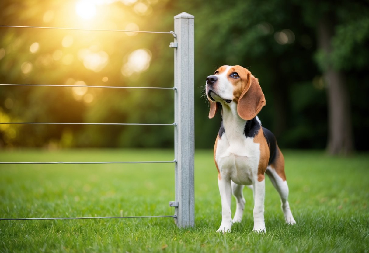 A beagle standing next to a 4-foot tall fence, looking up with a curious expression