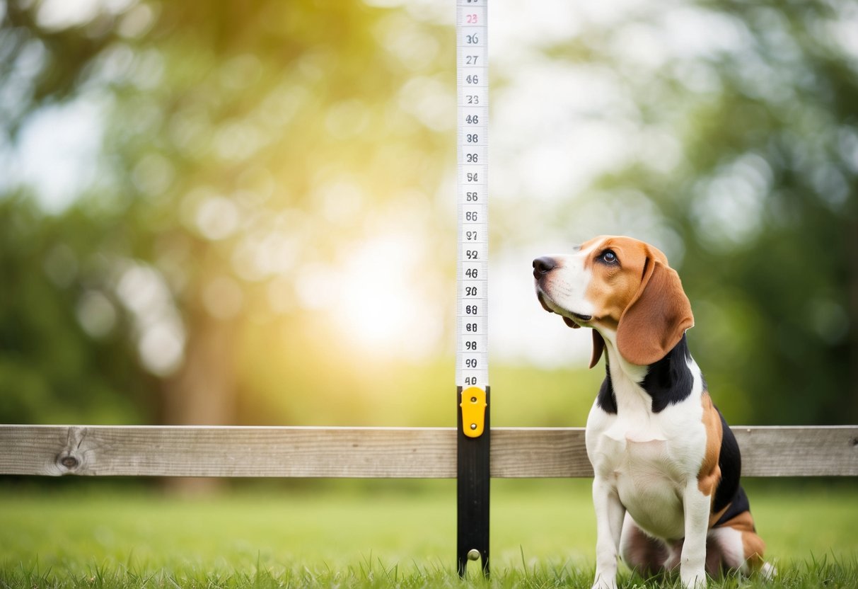 A beagle stands beside a fence, looking up at the height. A measuring tape is stretched upward, showing the recommended height for the fence