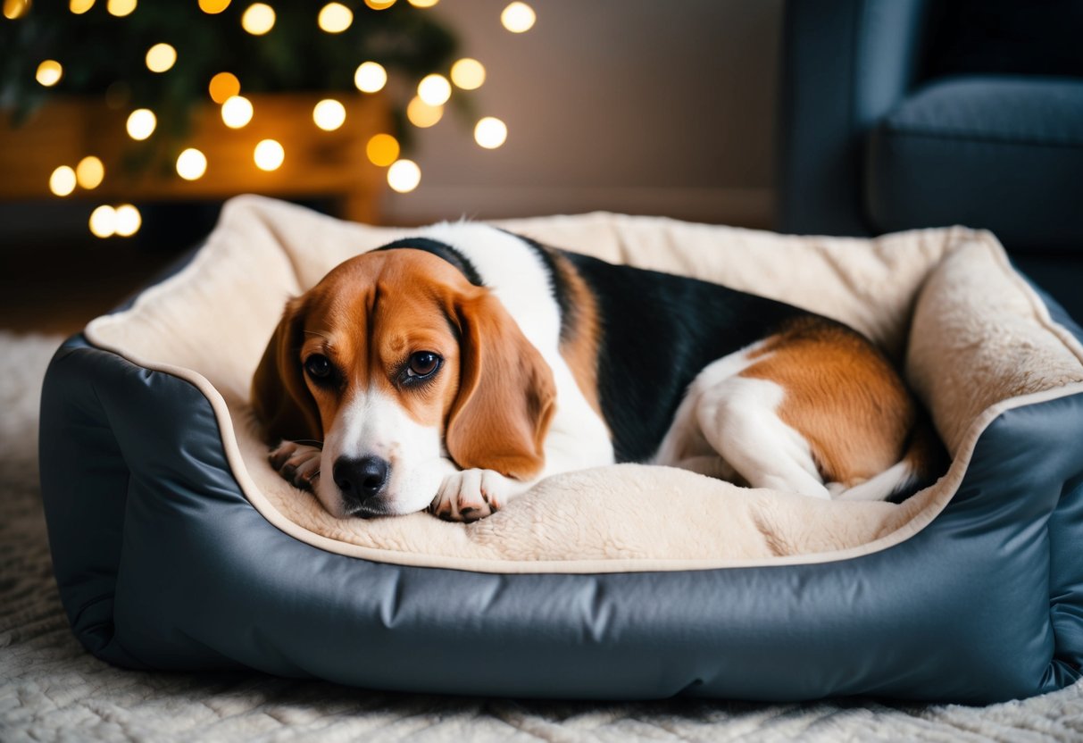 A cozy dog bed with a beagle curled up, surrounded by soft blankets and dim lighting