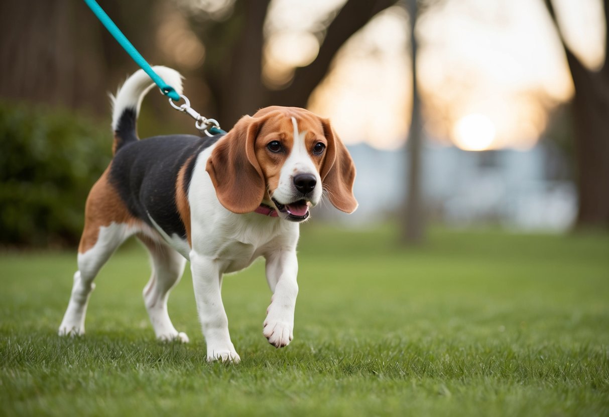 A beagle tugs on a leash, ears flopping, tail wagging