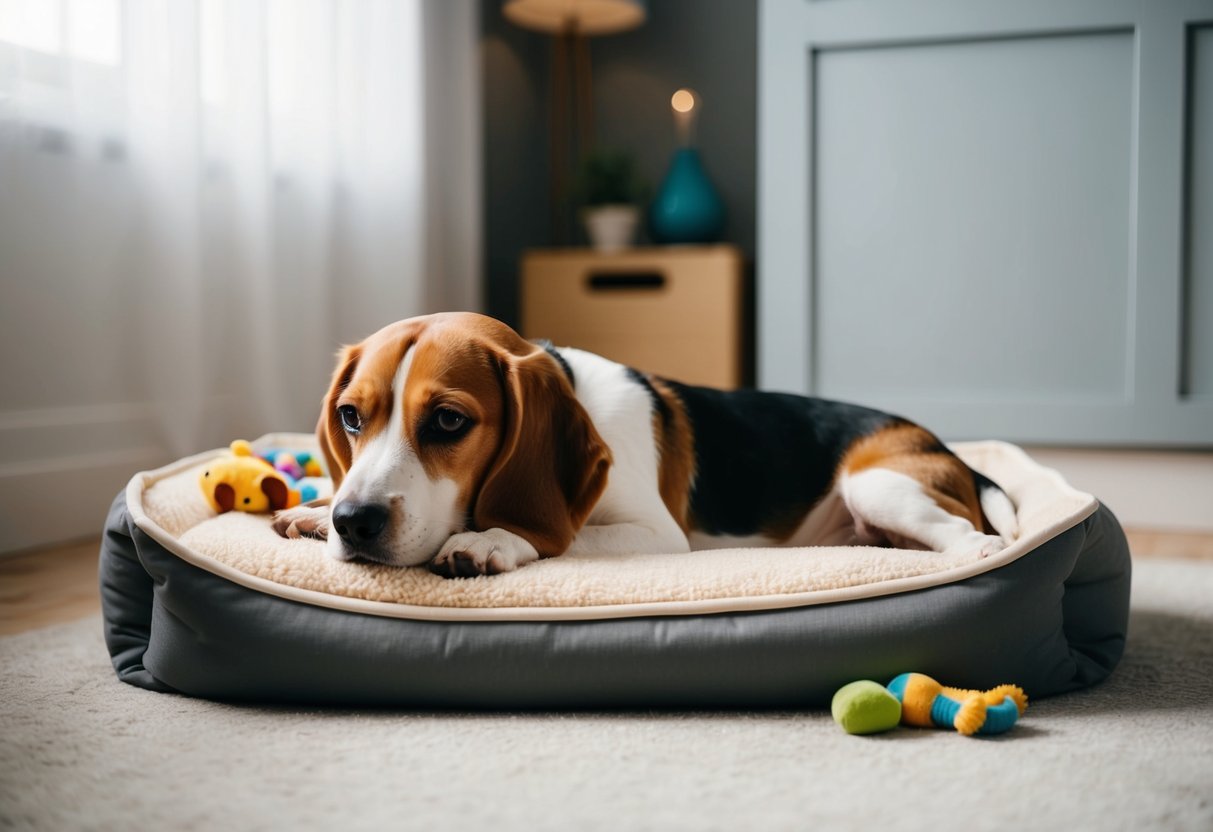 A beagle peacefully lying on a cozy dog bed with a soft blanket, surrounded by calming toys and a dimly lit room