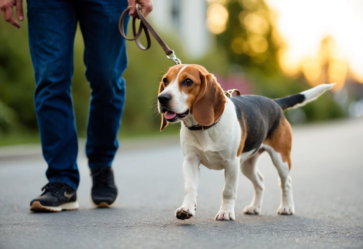 A beagle walks calmly beside its owner, leash loose, tail wagging