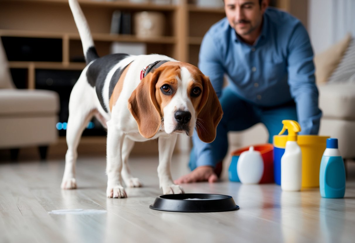 A beagle peeing on various household items while the owner looks on in frustration