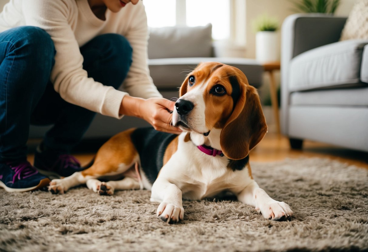 A beagle lies on a cozy rug, her tail wagging as she whines softly while being petted by her owner