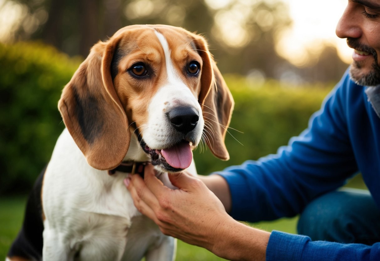 A beagle whines, tail wagging, as it is petted by its owner
