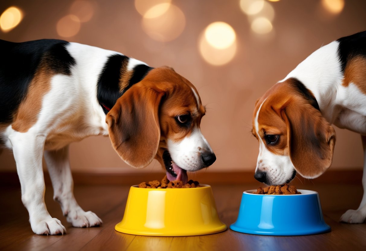 A beagle aggressively guarding its food bowl from another dog