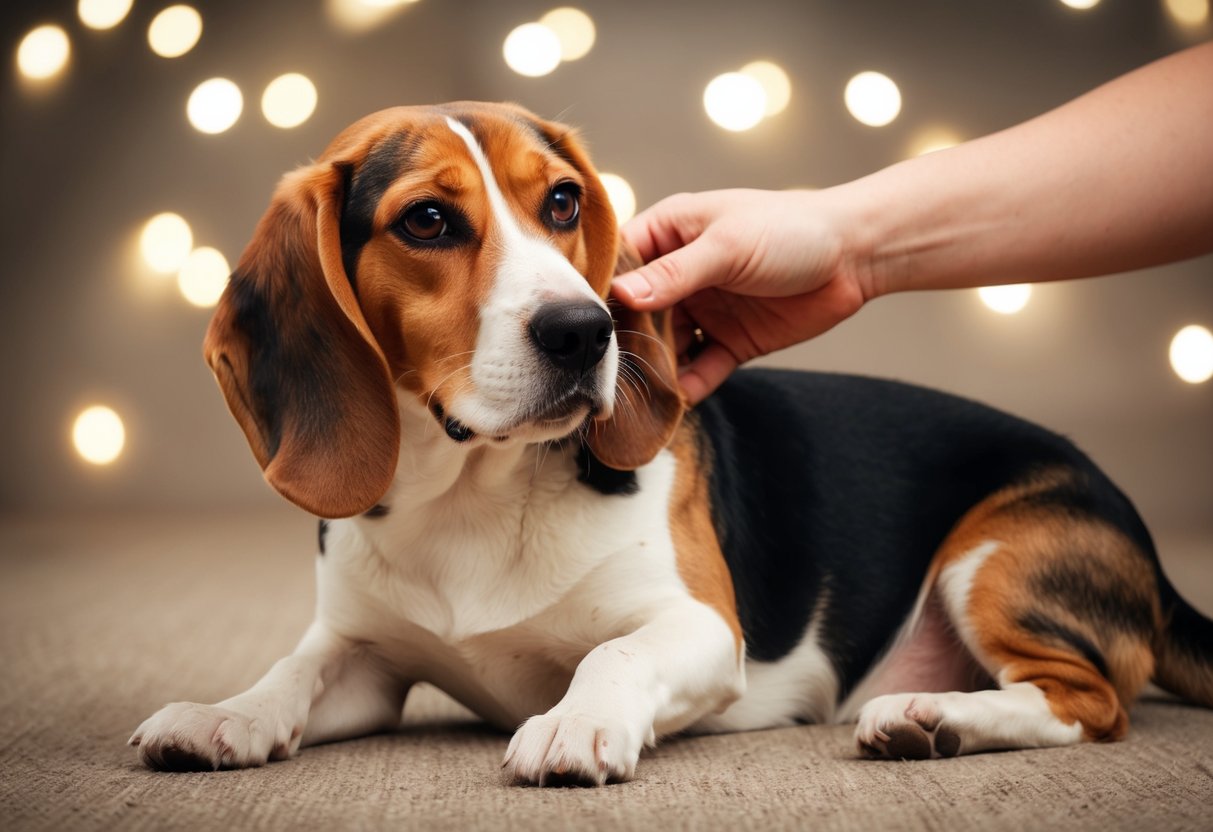 A beagle sits with a tilted head, whining softly as it is being petted, its tail wagging anxiously