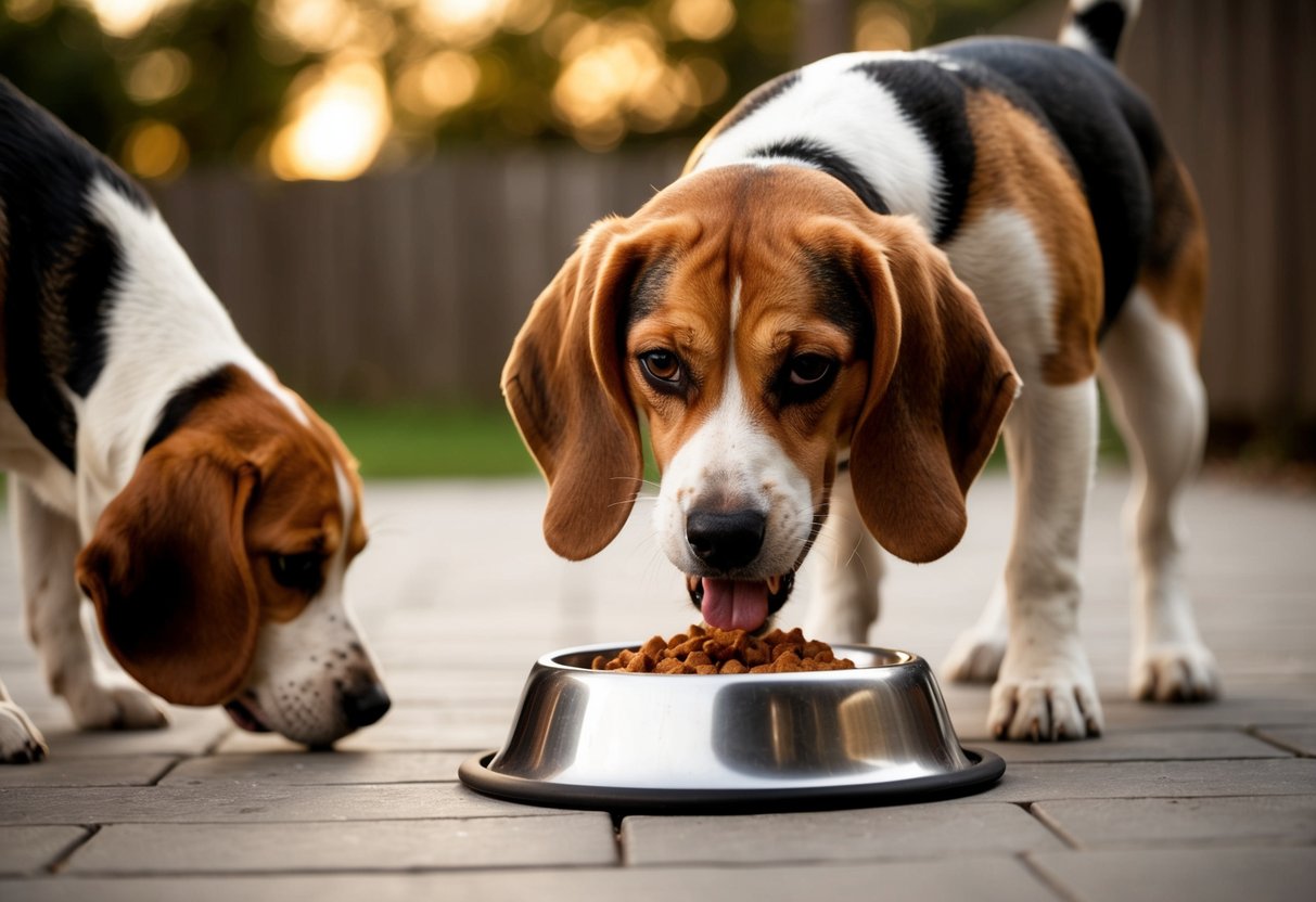 A beagle growls over a food bowl, ears back and teeth bared. Another dog cowers nearby, avoiding eye contact