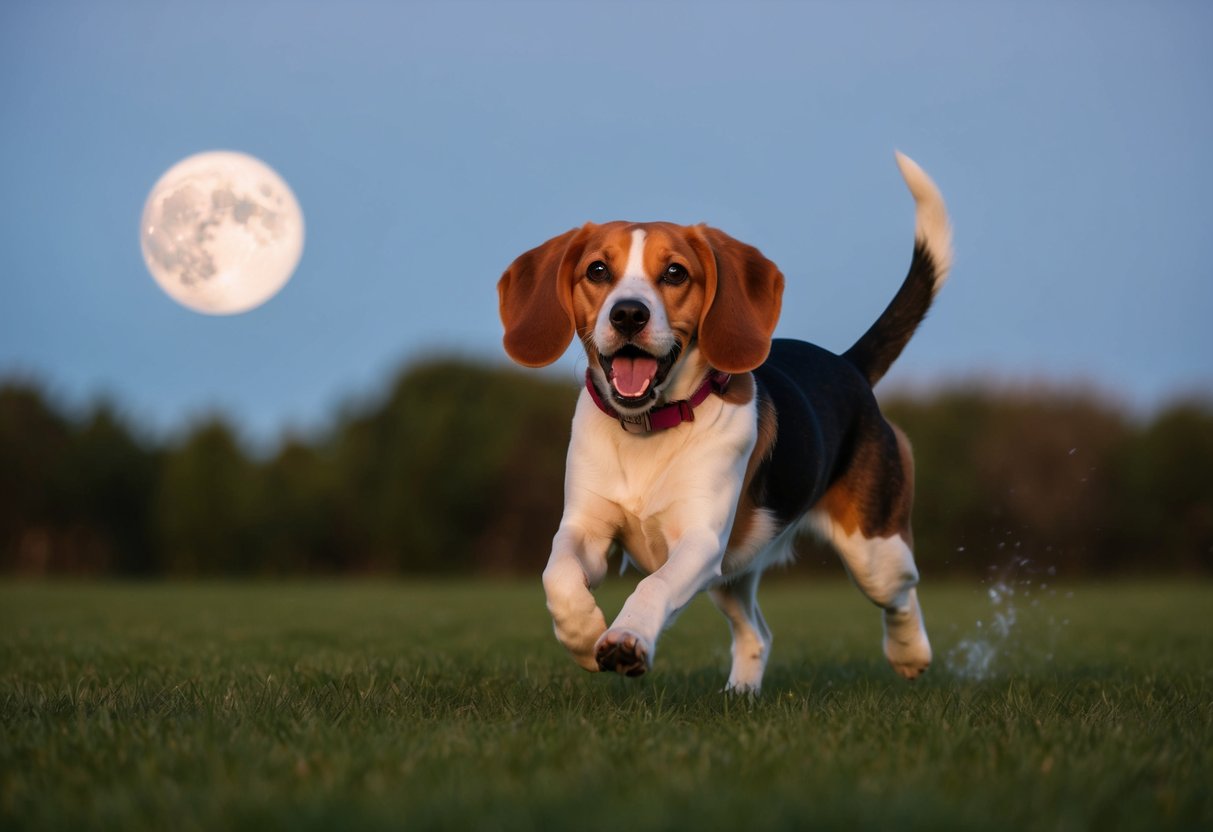 A beagle barking and running in circles under the moonlight